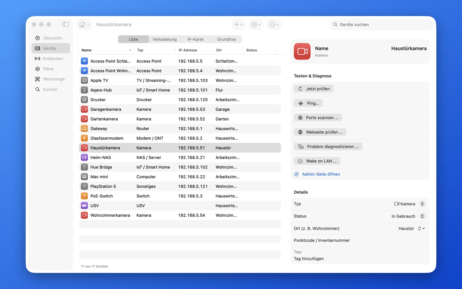 HomeNet auf dem Mac: die Geräteliste, rechts die Details der ausgewählten Kamera