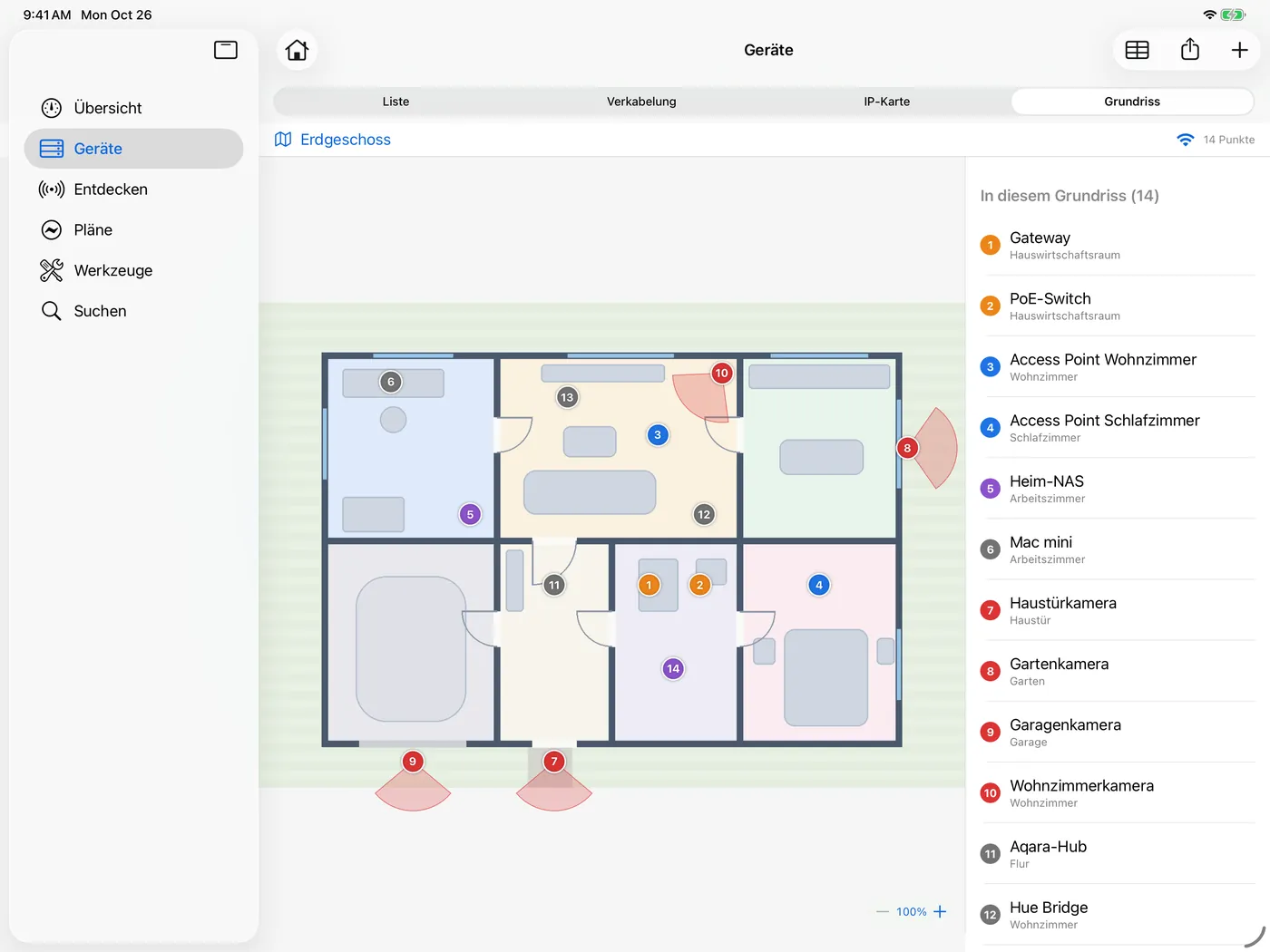 HomeNet auf dem iPad: ein Grundriss, auf dem Pins zeigen, wo jedes Gerät steht