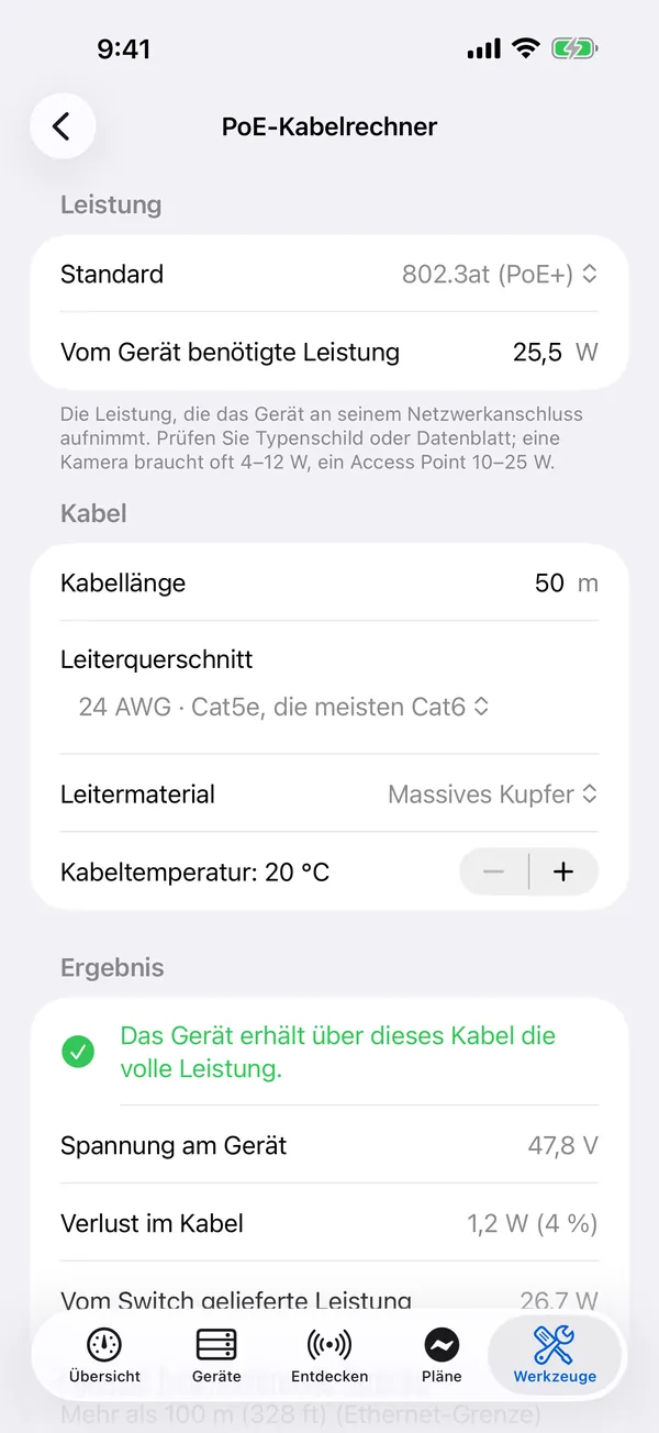 HomeNet auf dem iPhone: der PoE-Kabelrechner