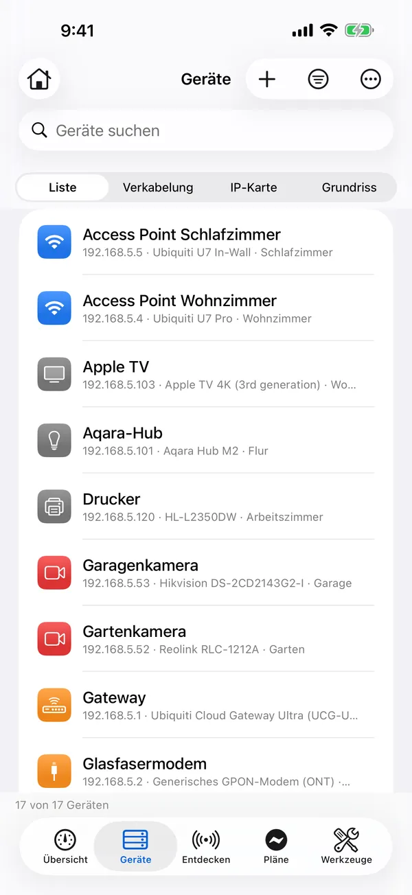 HomeNet auf dem iPhone: die Geräteliste
