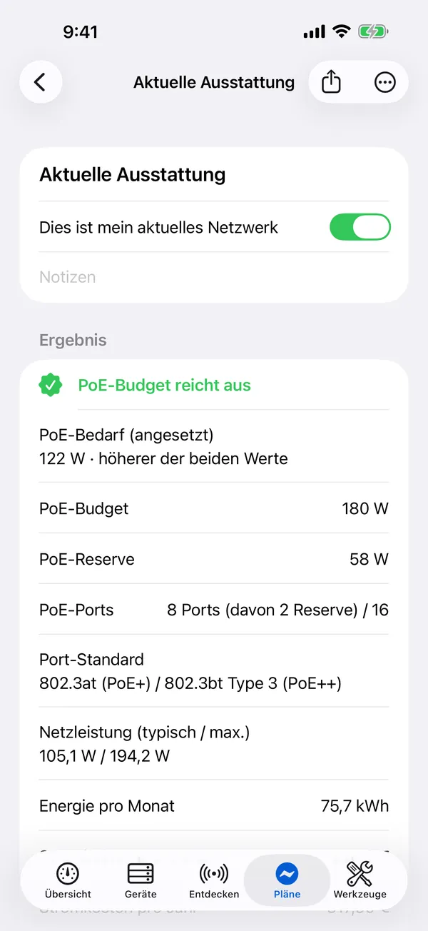 HomeNet auf dem iPhone: ein Leistungsplan, bei dem das PoE-Budget ausreicht