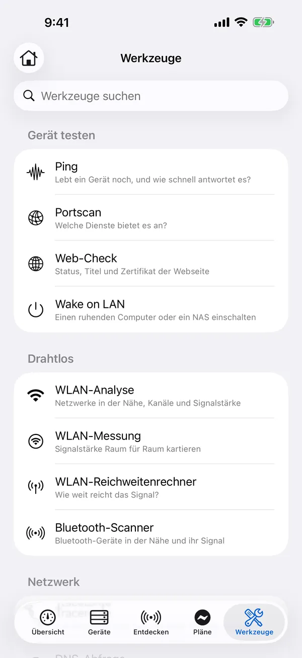 HomeNet auf dem iPhone: die Liste der Netzwerk-Werkzeuge
