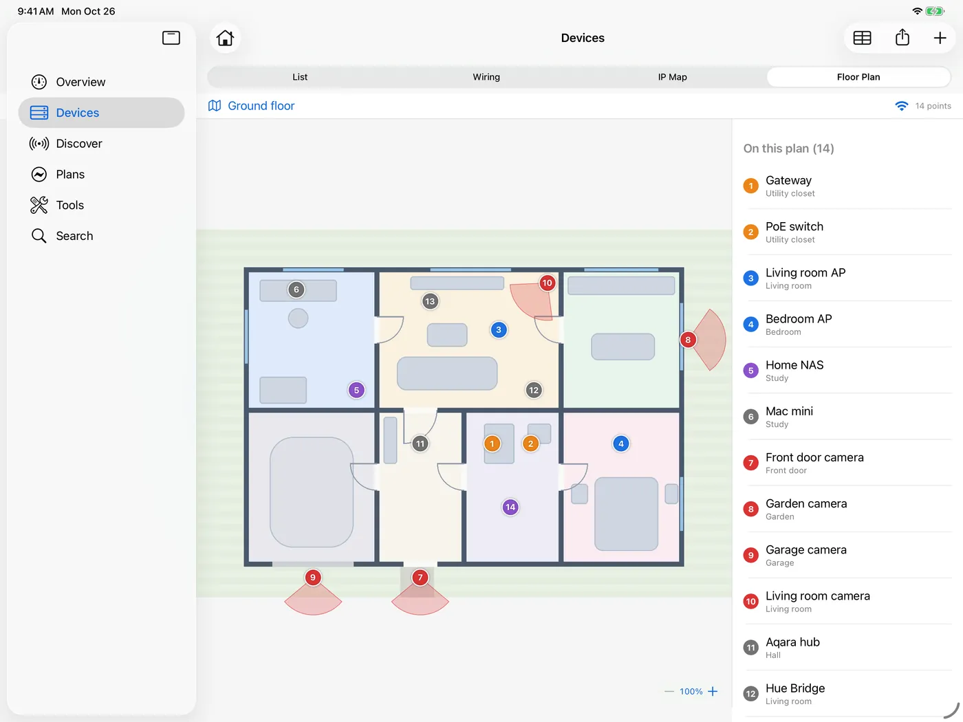 HomeNet on iPad: a floor plan with pins marking where each device sits