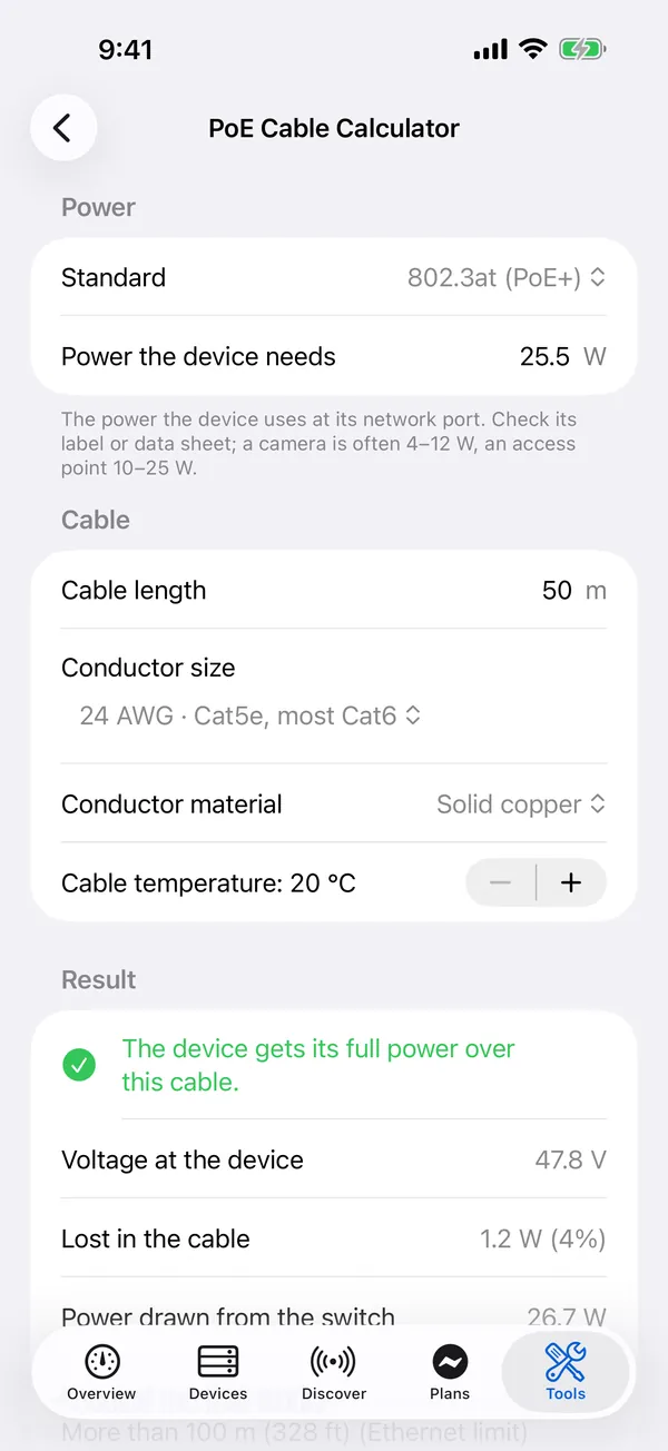 HomeNet on iPhone: the PoE cable calculator