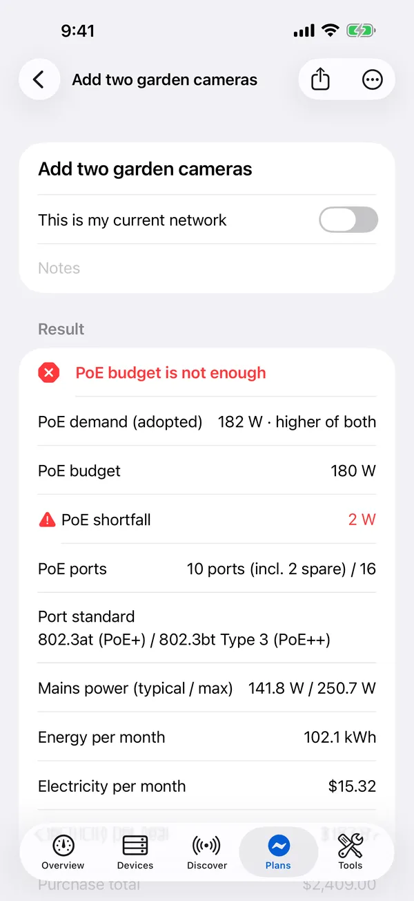 HomeNet on iPhone: a power plan where the PoE budget is 2 W short