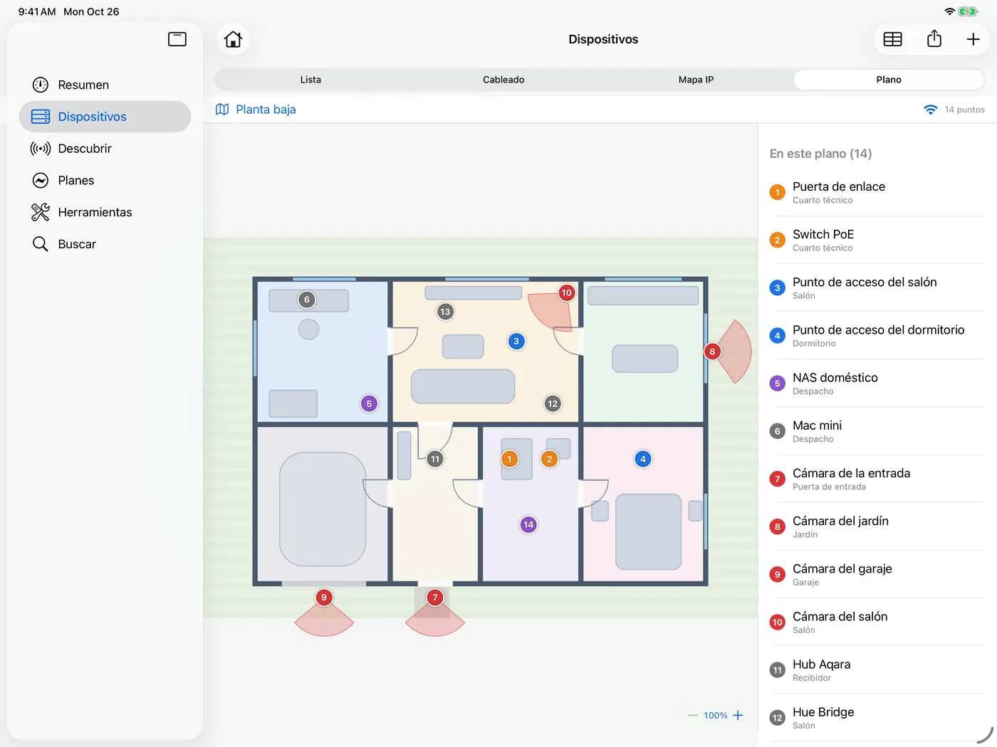 HomeNet en iPad: un plano con chinchetas que marcan dónde está cada dispositivo