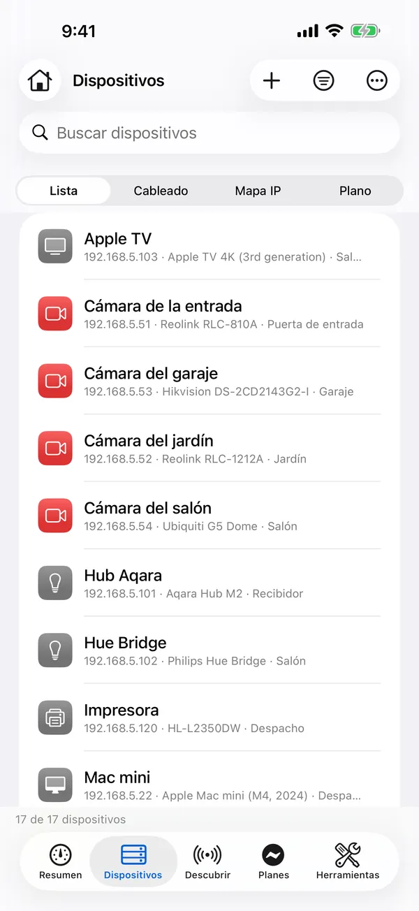 HomeNet en iPhone: la lista de dispositivos