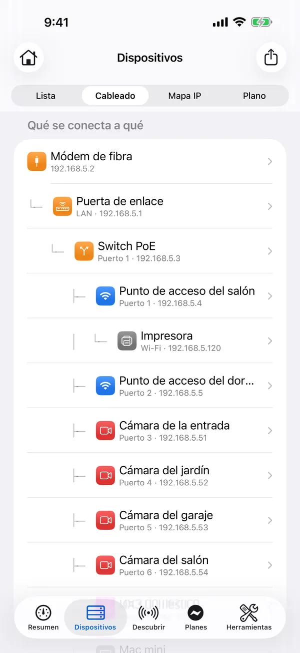 HomeNet en iPhone: la vista de cableado que muestra qué está conectado a qué