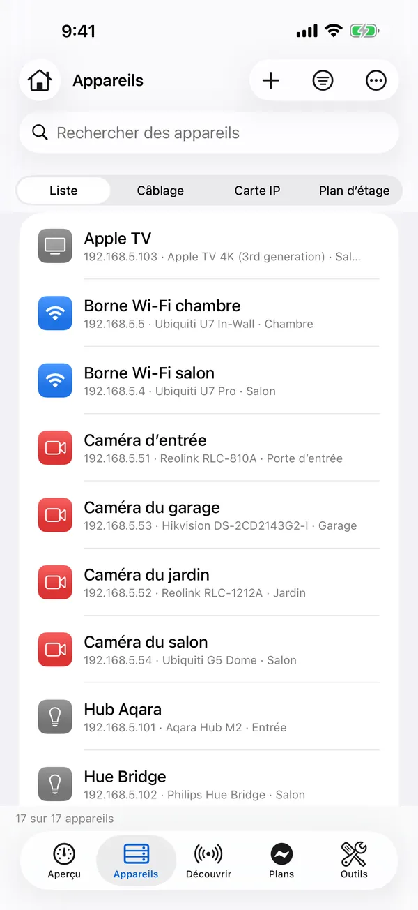 HomeNet sur iPhone : la liste des appareils