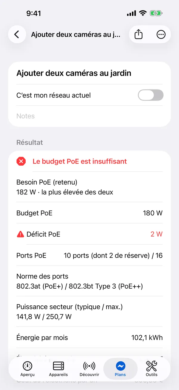 HomeNet sur iPhone : un plan d’alimentation auquel il manque 2 W de budget PoE