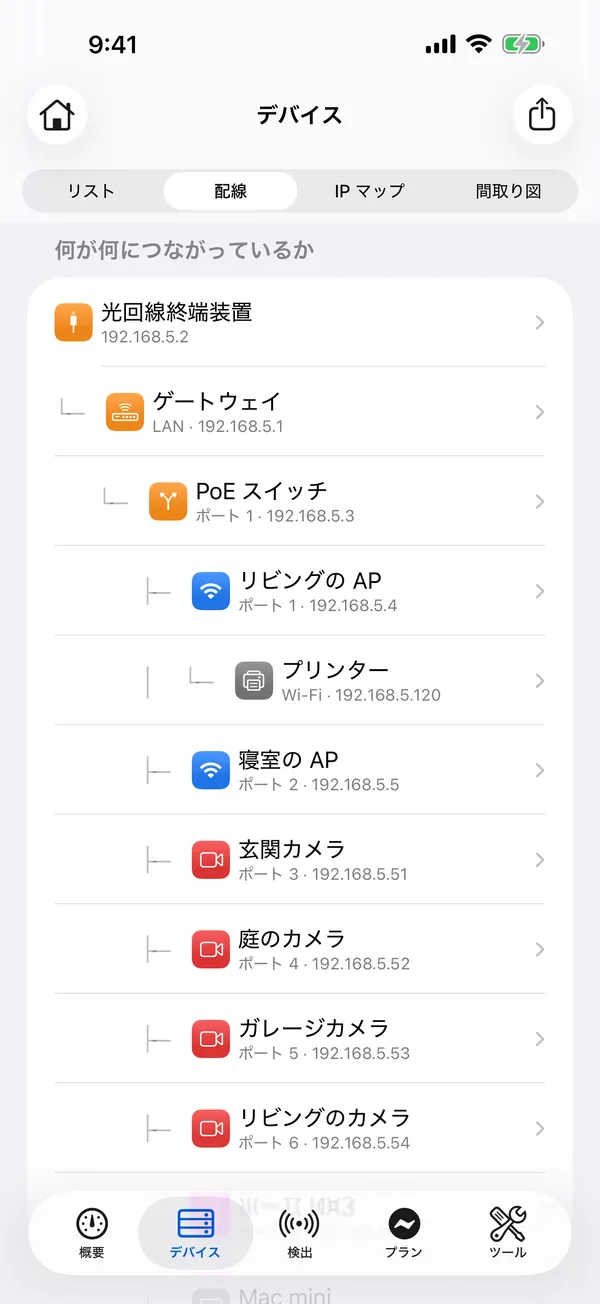 iPhone 版 HomeNet:何がどこにつながっているかを示す配線ビュー