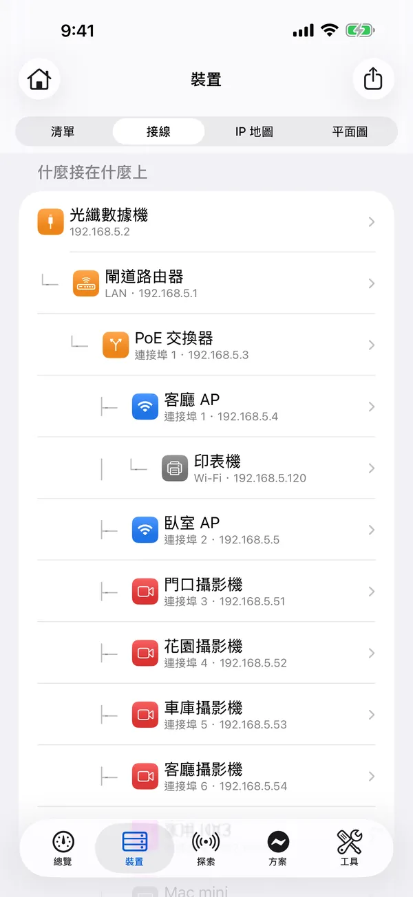iPhone 上的 HomeNet：接線檢視，顯示什麼接在什麼上